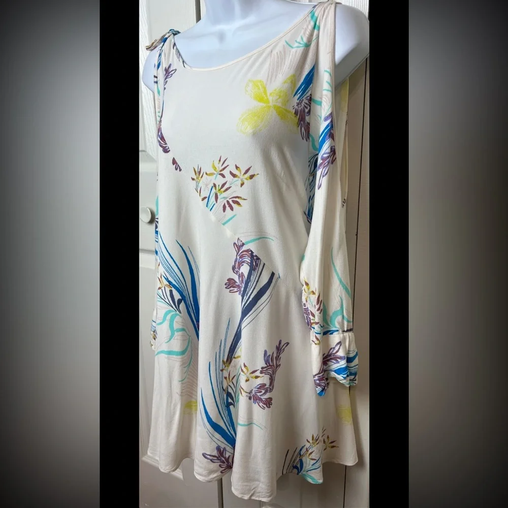 FREE PEOPLE Clear Skies Printed Tunic Dress Boho Cold Shoulder White Pastel